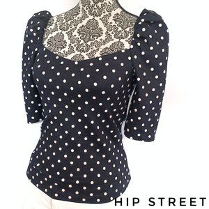 H & M Top Elbow length Puff Sleeve Sweetheart Neck Polka Dot Stretch Top XS